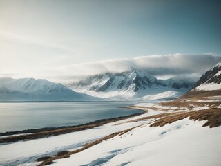 Landscape with mountains, snow and ocean, lake and mountains in winter, lake and mountains in polar regions, Landscape featuring mountains, snow, ocean, and lakes in winter