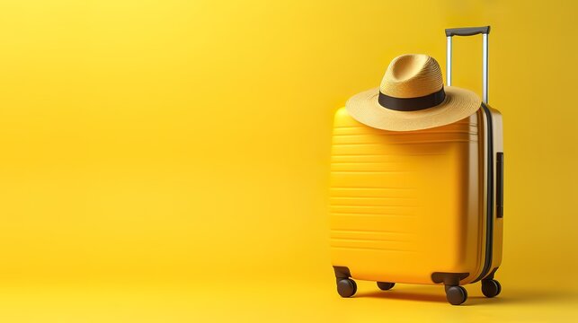 yellow suitcase and hat on it in photo on yellow background. generative AI