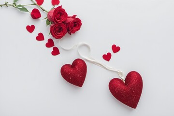 Valentine Day background. Red, pink paper hearts on white background, top view image. Romantic celebration card, flat lay decoration isolated on white. Greeting card concept.