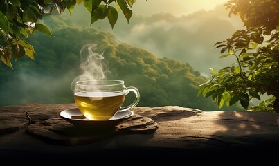 a cup of warm tea against a green forest background. generative AI - obrazy, fototapety, plakaty