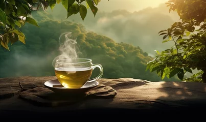 Poster a cup of warm tea against a green forest background. generative AI © original logo