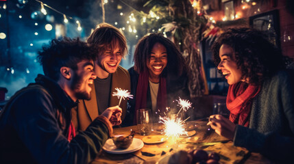 Christmas and new year sweets at home party of young friends having fun eating together at evening comeliness