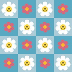 Cute y2k spring patchwork minimalist floral seamless pattern background print. Сolorful checkerboard backdrop. Modern, trendy, bright vector design wallpaper