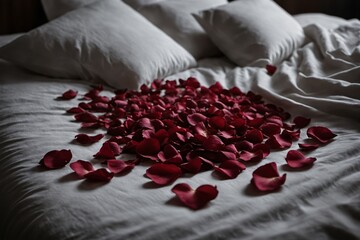 Beautiful red roses and petals on bed