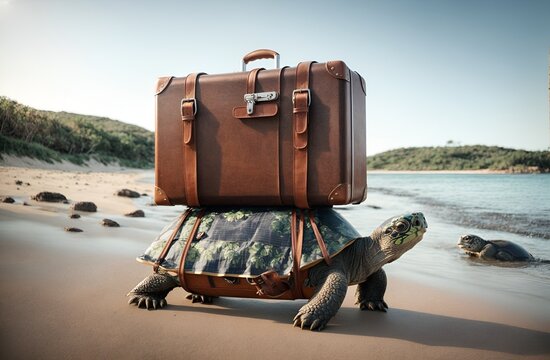 a travel suitcase tied to the back of a turtle