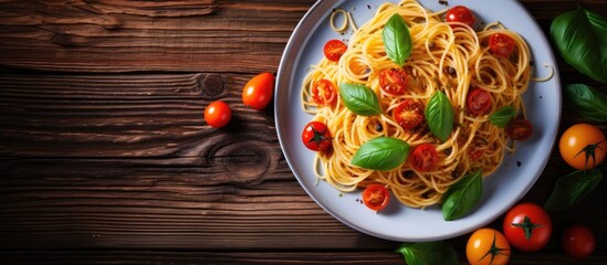 Colorful Italian dinner - kid's spaghetti dish with tomatoes, basil on wooden table. Top view, free space for text.