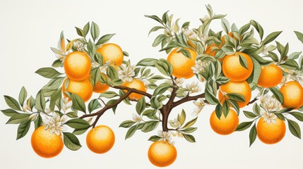  a painting of an orange tree with oranges on it's branches and flowers on it's branches.