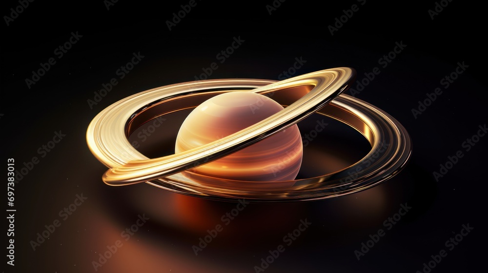 Poster an image of a saturn planet on a black background with a gold ring around it and a black background 