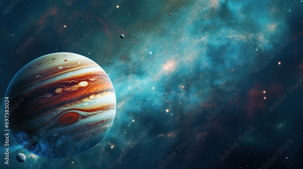 Poster an artist's rendering of a planet in outer space, with a distant star in the foreground and a distan