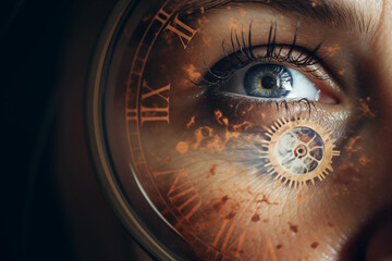 Eye with clock reflection, concept of time and perception. Suitable for philosophical and artistic representations. 