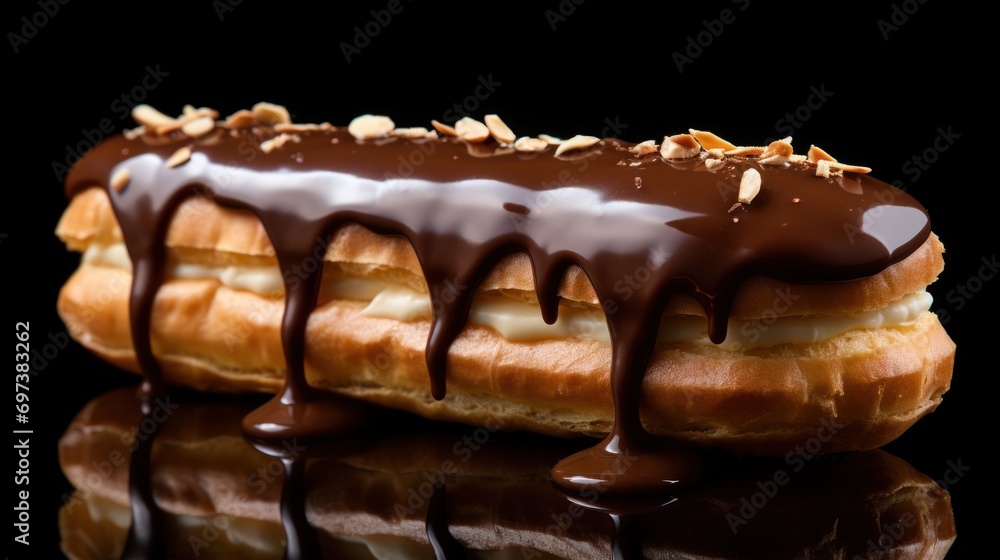 Poster a close up of a doughnut with chocolate drizzled on it and almonds on top of it.