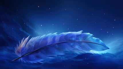  a close up of a blue feather on a blue background with a star filled sky and stars in the background.