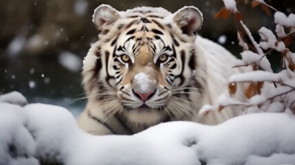  a close up of a white tiger in the snow with snow flakes on the ground and trees in the background.