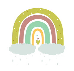Scandinavian rainbows with ornaments. Hand drawn baby boho rainbow with clouds, raindrop drop, decorated of hearts and dots. Stylish and beautiful graphic design element. Vector illustration