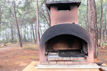 Concrete hearth for barbecue in the garden.