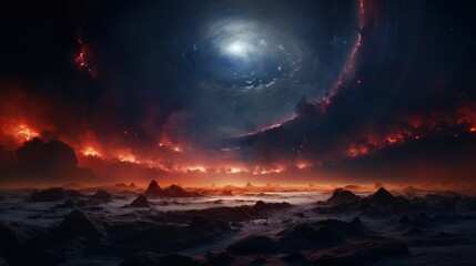 Fototapeta premium a black and red photo of a sky filled with clouds and a ring of fire in the middle of the sky.