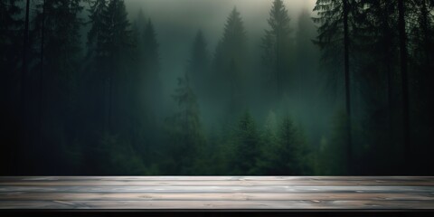 An empty wooden table on a smoky green forest background. generative AI - obrazy, fototapety, plakaty