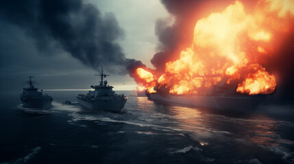 Modern naval combat. Disaster. Burning warship. - obrazy, fototapety, plakaty