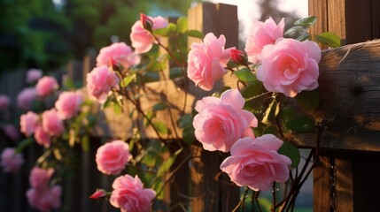  a bunch of pink roses are growing on a wooden fence in front of a wooden fence with a wooden slatted fence in the background. - obrazy, fototapety, plakaty