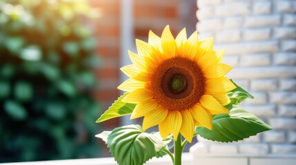  a close up of a sunflower in a vase on a window sill with a brick wall in the background.