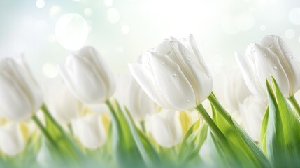  a close up of a bunch of white tulips with drops of water on them and a blurry background.
