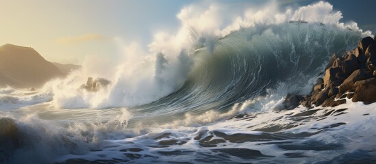 Huge waves pound the rocks.