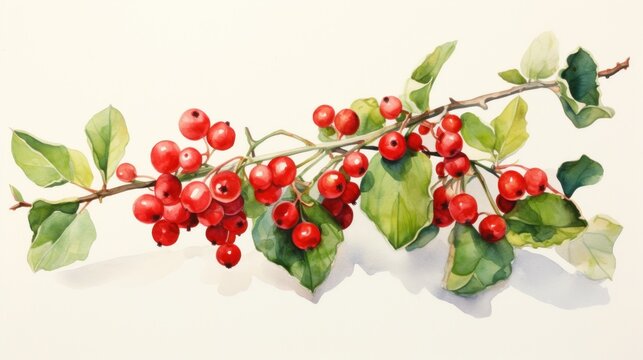  a branch of a tree with red berries and green leaves on it, painted in watercolor on a white background.