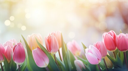 A stunning panorama of red, white, and pink tulips in spring nature is showcased on this card design for valentine's day.