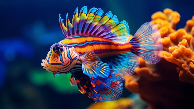 A stunning and vibrant mandarin fish. a close-up of the mandarin fish. it is also known as the manda fish.