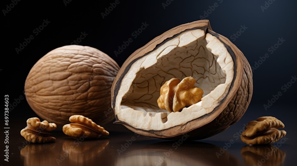 Poster a walnut and a walnut shell on a black surface with a reflection of a walnut in the middle of the sh