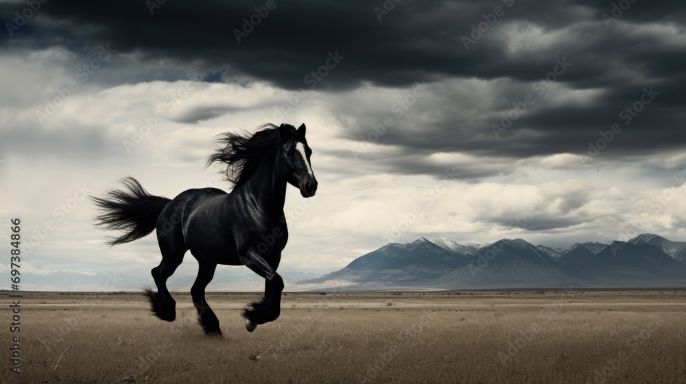 Poster a black horse running in a field with mountains in the background and clouds in the sky in the foreg