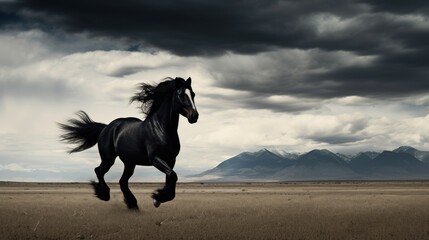  a black horse running in a field with mountains in the background and clouds in the sky in the foreground.