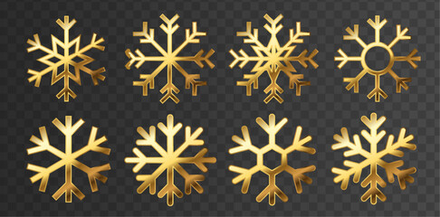 Gold snowflakes set on white background. Shining snowflake with glitter, sparkles and star. Christmas and New Year greeting card. Golden luxury design element. Holiday ornament. Vector illustration