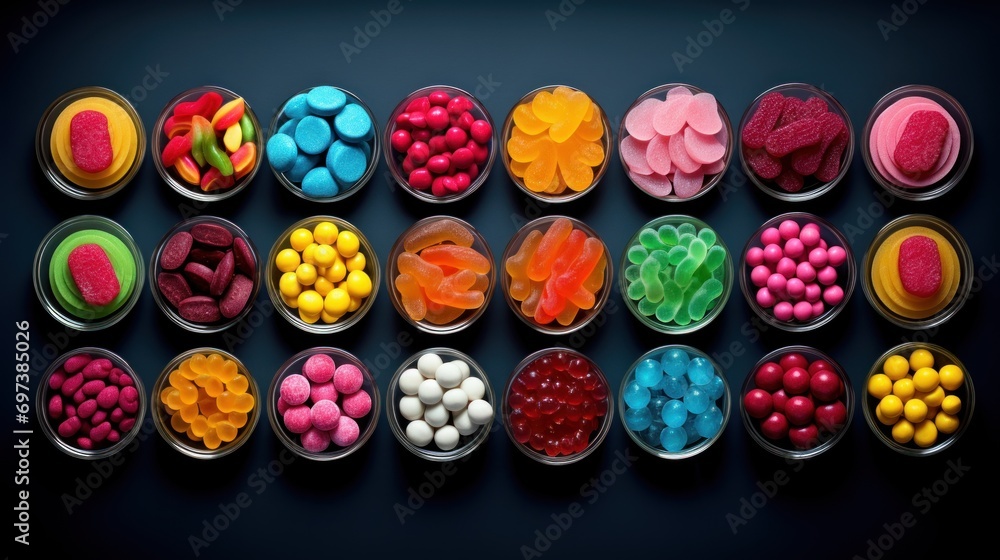 Poster a group of plastic containers filled with different types of candies next to each other on top of a 