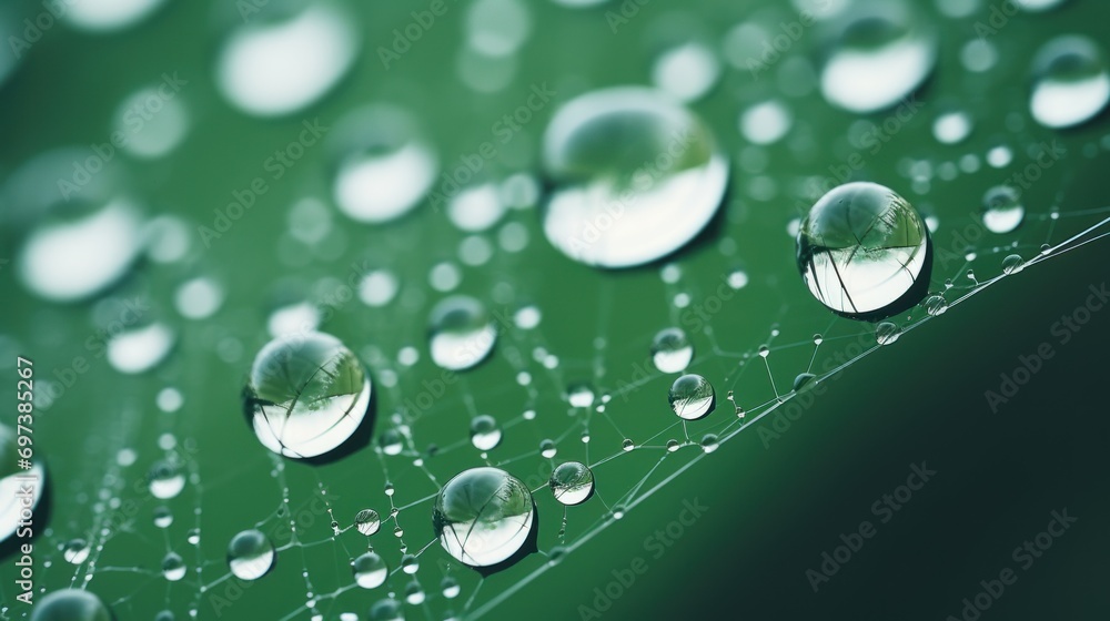 Poster a close up of water droplets on a green leaf with a green background and a blurry image of a tree in