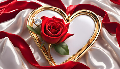 Medal of embossed red love heart with red rose on taffeta velvet