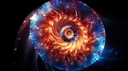 an image of a blue and orange spiral in the center of a black background with a red and blue swirl in the center of the center.