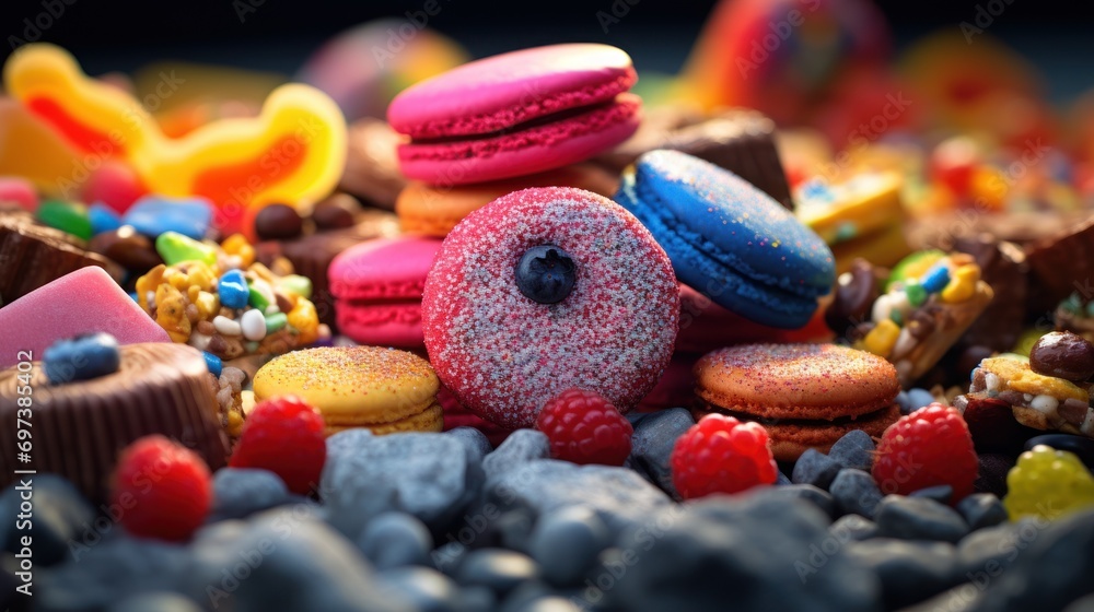 Poster a close up of a pile of assorted cookies and cookies on top of a pile of candy and candies.