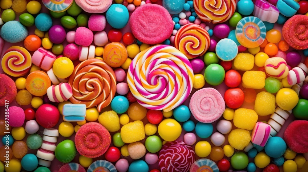 Poster a pile of colorful candies and lollipops on top of each other in a pile on top of each other.