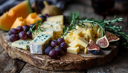 Cheese platter with different cheese and grapes, nuts, olive, figs on a white background with copy space. Top view. Festive gourmet appetizer board close up