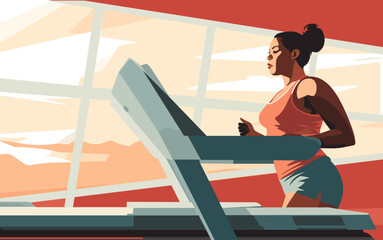 A woman with dark skin running on a treadmill at a modern gym.