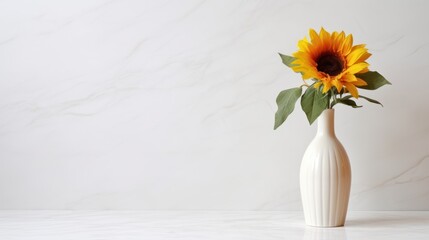  a white vase with a yellow sunflower in it on a white table with a marble wall in the background.