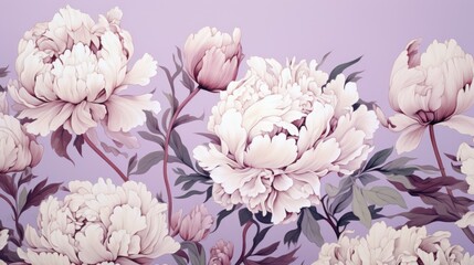  a painting of a bunch of flowers on a purple background with leaves and flowers on the side of the wall.