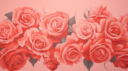  a painting of a bunch of red roses on a pink background with a green leafy stem in the center.