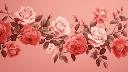  a painting of a bunch of pink roses on a pink background with green leaves on the bottom half of the frame.