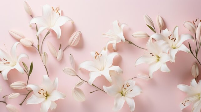  a bunch of white flowers on a pink background with a place for a text or a picture to put on a card.