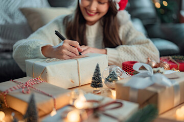 Hands of woman writing greeting card on Christmas gift, Female preparing present gift box on the...