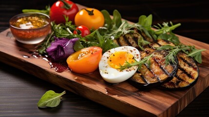  a wooden cutting board topped with grilled eggs, tomatoes, and lettuce next to a bowl of dressing.