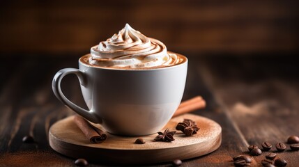  a close up of a cup of coffee with whipped cream on top and cinnamons around it on a wooden table.