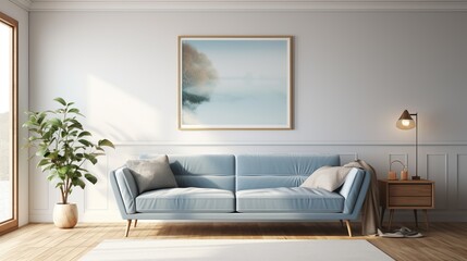 There is a blue sofa and a painting on the wall in this living room